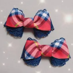 ヘアゴム　ヘアリボン　ツインテール　1223　チェック　赤　ネイビー