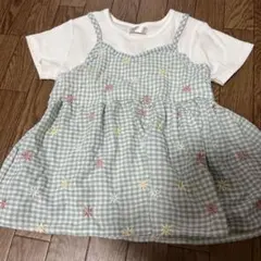 緑色と白のチェック柄 花刺繍 キャミソールスタイル トップス