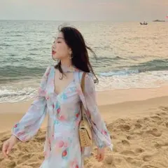 エレガントなVネックのインクのプリントハイウエストスリムなワンピースS-1XL