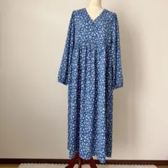 小花柄 ワンピロング ブルー 体型カバー 春夏 M 昭和　清楚系