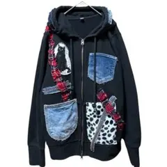 ブラックパーカー　デニム赤チェック　古着リメイク