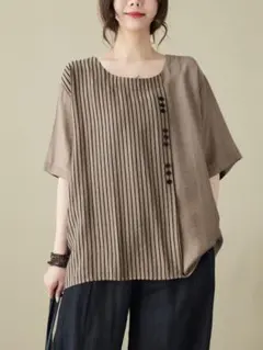 ストライプ柄 大きいサイズ ゆったり I カジュアル Tシャツ ラウンドネック