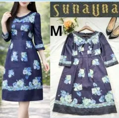 Sunauna　花柄　ロング　ワンピース　ネイビー　Vネック　ワールド　七分袖