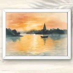 A4 静寂の水辺に映る夕暮れの祈り 水彩風景画アート インテリアアート 水彩画