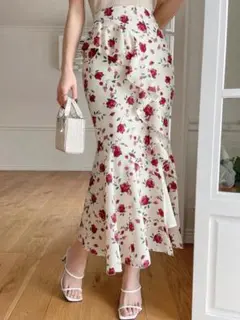 SS71 SHEIN 花柄 ロング マーメイドスカート 白 バラ柄