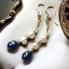 14kgfピアス◼︎宝石質サファイア×淡水パール