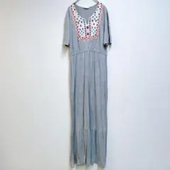 フラミングアーバン ロングワンピース キーネック 半袖 刺繍 F 灰 リゾート