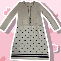 リブ編みカーディガンとドット柄ワンピースセット