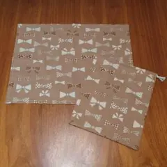 給食袋　＆　ナフキン　セット　リボン　ブラウン　ハンドメイド