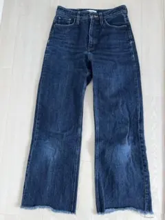 ダークブルー ワイドレッグデニム フリンジ裾