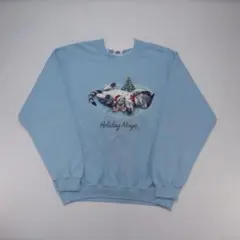 90s スウェット アニマル ネコ 水色