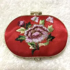 コンパクトミラー　ヴィンテージ　アンティーク 刺繍 花柄 鏡