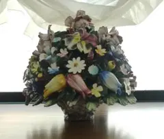 レア★イタリアの伝統ある カポディモンテ 陶花バスケットのオブジェ 欠け有り