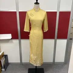 チャイナドレス イエロー 花柄 七分袖 ロング丈