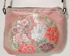 花丸模様織り出し　着物　帯リメイク 和風ポーチ ショルダーバッグ