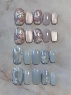 即日発送【現品Mサイズ/専用ケース付】ネイルチップ　ニュアンス　手描き　花柄