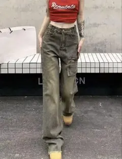 SHEIN カーゴデニムパンツ ヴィンテージ加工 ミディアムウォッシュのサムネイル
