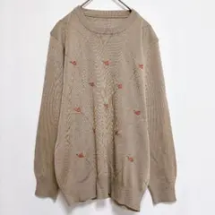 総柄 アーガイル調 刺繡 ニットセーター クルーネック ベージュ L相当