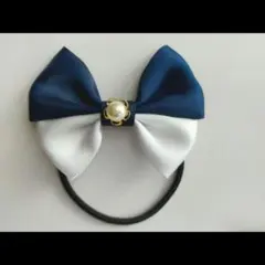 ネイビーとホワイトのリボンヘアゴム　卒園卒業入園入学