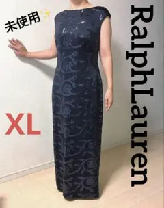 新品❗️ラルフローレン花柄型押しラッフルイブニングロングドレス/紺US12 XL