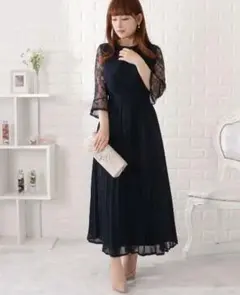 【結婚式や食事会に】ネイビーレースパーティードレス