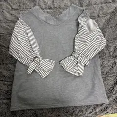 グレー Vネック ストライプ袖 長袖トップス