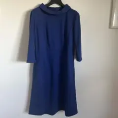 青い七分袖ハイネックAラインワンピース