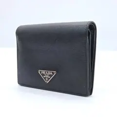 美品 PRADA 三つ折り財布 サフィアーノ レザー 三角プレート ブラック