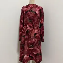 赤系花柄 長袖ひざ丈ワンピース　シフォンワンピース　花柄ワンピース　昭和レトロ