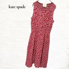 ケイトスペード/ノースリーブギャザーワンピース/Ｍ/フレア/シルク/レッド/総柄