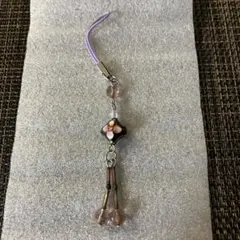 ストラップ 根付 紫 ピンク 花柄 ビーズ　アジア雑　和風