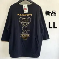 【新品】トムアンドジェリー　七分袖Tシャツ　刺繍　ブラック　大きいサイズ　LL