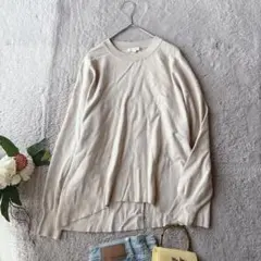 美品(M)長袖ニット/セーター/プルオーバー/シンプル/後ろスリット/ベージュ