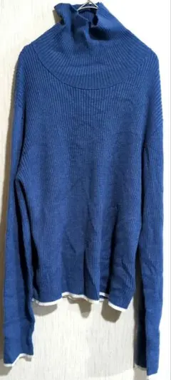 美品✨青色リブ編みタートルネックセーターカジュアルレディース