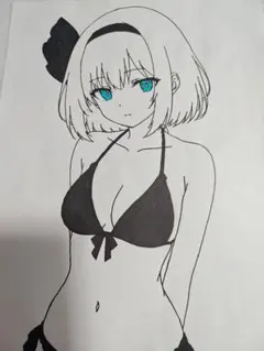 魂魄妖夢 水着 手描きイラスト 東方Project 美少女 A4 19
