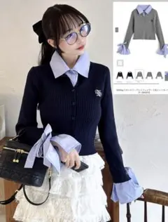 GRL 襟2Wayリボンスリーブシャツレイヤード風ニットカーディガン