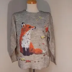 キツネ刺繍ニット長袖トップス