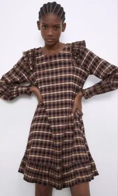チェック柄フリル長袖ミニワンピース チュニック Sサイズ ZARA ザラ