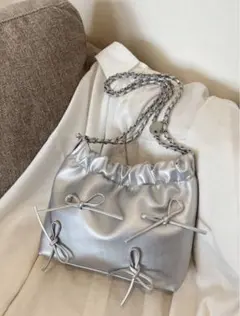 シルバー リボン付き ミニショルダーバッグ