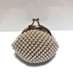 ハンドメイド パール調 ビーズ がま口 ポーチ(ラテベージュ)