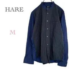 ♦︎ハレ【M】切り替えストライプシャツ バンドカラーシャツ 綿100％ 長袖