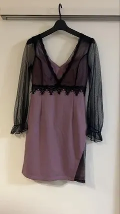 Tika パープル Vネック シースルー袖ドレス