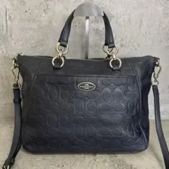 美品✨️A4可 コーチ 2way ショルダーバッグ エンボス ロゴ レザー 紺