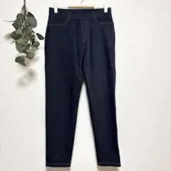 美品✨ダークブルースキニーデニムパンツ ゴムウエスト 裏起毛 暖かい 体型カバー