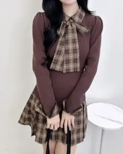 INGNI チェック柄ボウタイシャツドッキングワンピース ブラウン