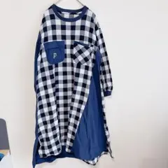 ギンガムチェック ロングワンピース L エプロン風 ゆったり ネイビー　コットン