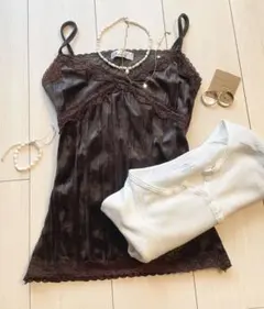 velvet top, white T-shirt set y2k 森ガール