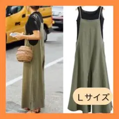 【Ｌサイズ】 サロペット　オーバーオール　パンツ　カーキ　緑　体型カバー