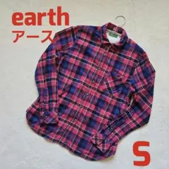 earth アース 長袖 シャツ トップス チェック S 赤 紺 紫 白