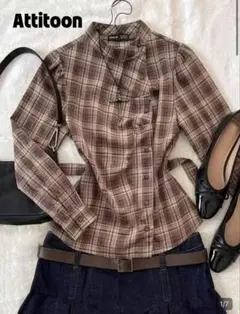 SHEIN チェック柄 長袖ブラウス ブラウン